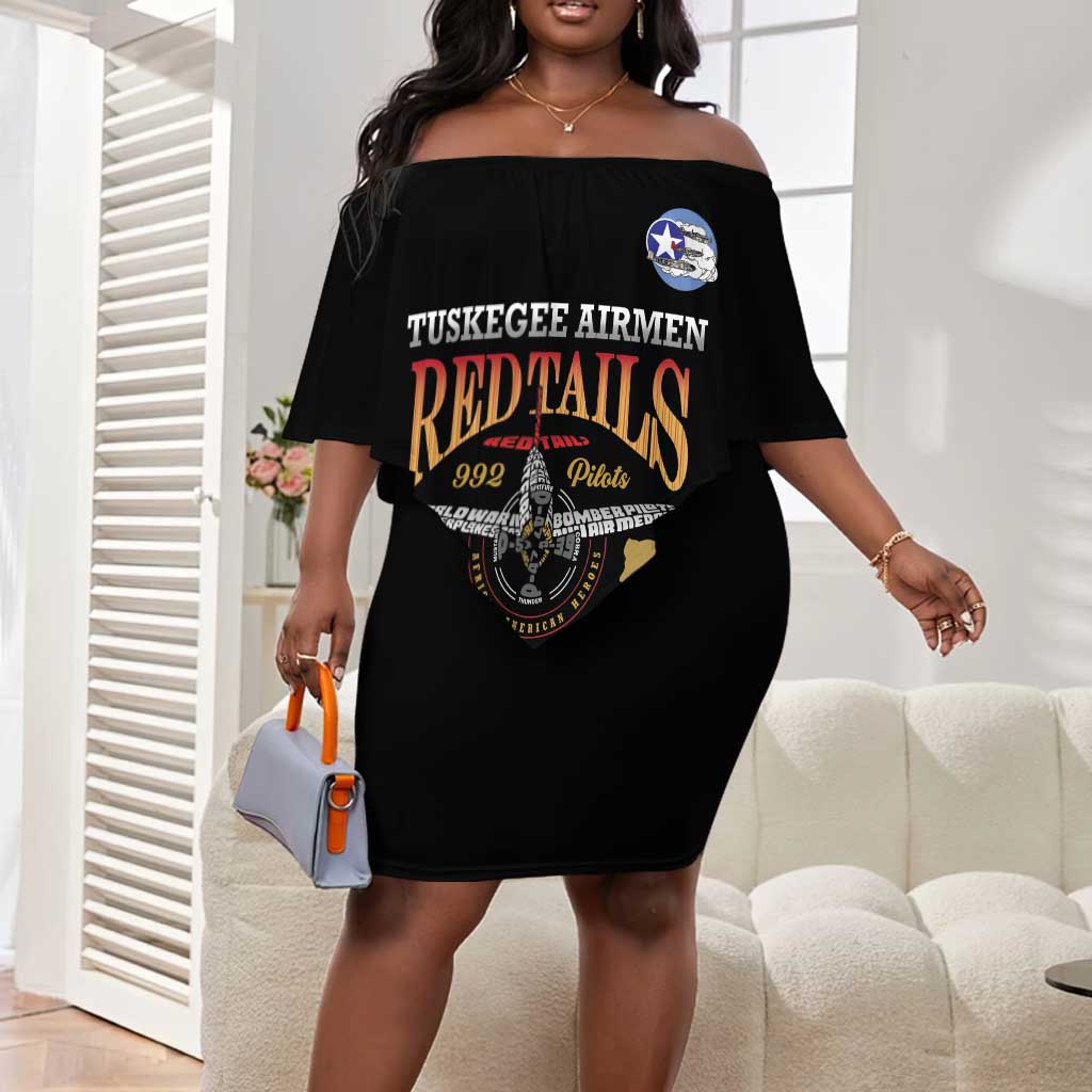 Personalized Red Tails Legacy Off Shoulder Short Dress WWII Legacy Tribute - Black Color - African Pride