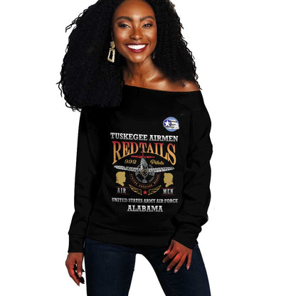 Personalized Red Tails Legacy Off Shoulder Sweater WWII Legacy Tribute - Black Color - African Pride