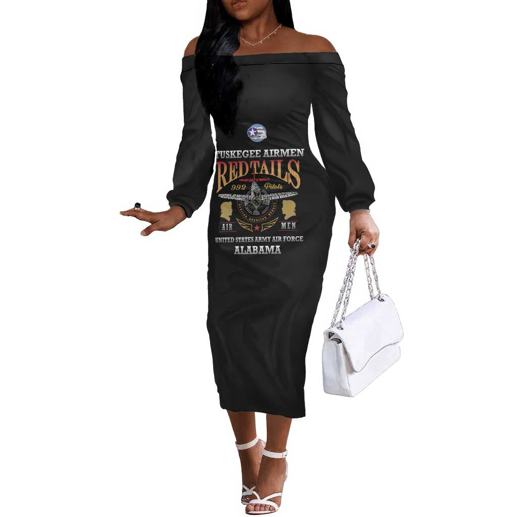 Personalized Red Tails Legacy Off The Shoulder Long Sleeve Dress WWII Legacy Tribute - Black Color - African Pride