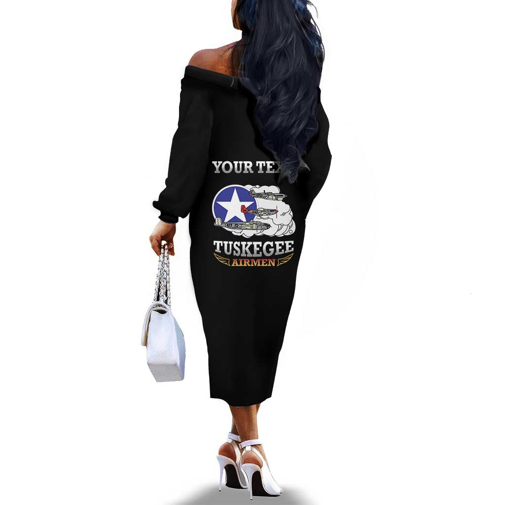 Personalized Red Tails Legacy Off The Shoulder Long Sleeve Dress WWII Legacy Tribute - Black Color - African Pride