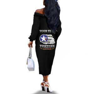 Personalized Red Tails Legacy Off The Shoulder Long Sleeve Dress WWII Legacy Tribute - Black Color - African Pride