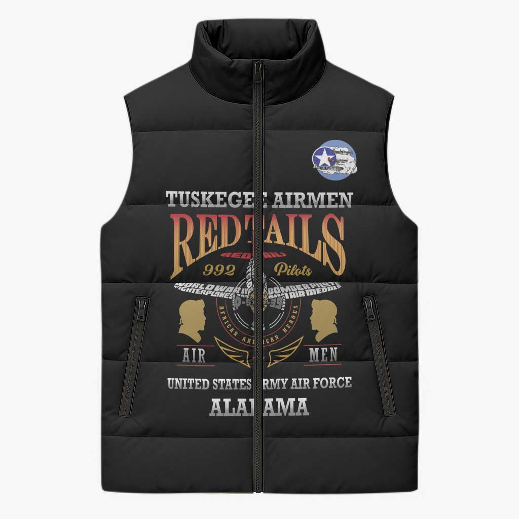 Personalized Red Tails Legacy Sleeveless Puffer Jacket Tuskegee Airmen WWII Heroes - Black Color