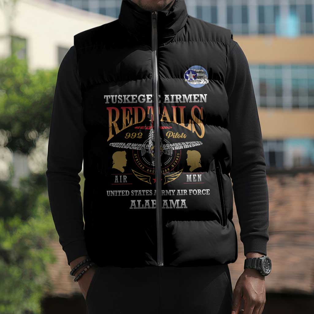Personalized Red Tails Legacy Sleeveless Puffer Jacket Tuskegee Airmen WWII Heroes - Black Color