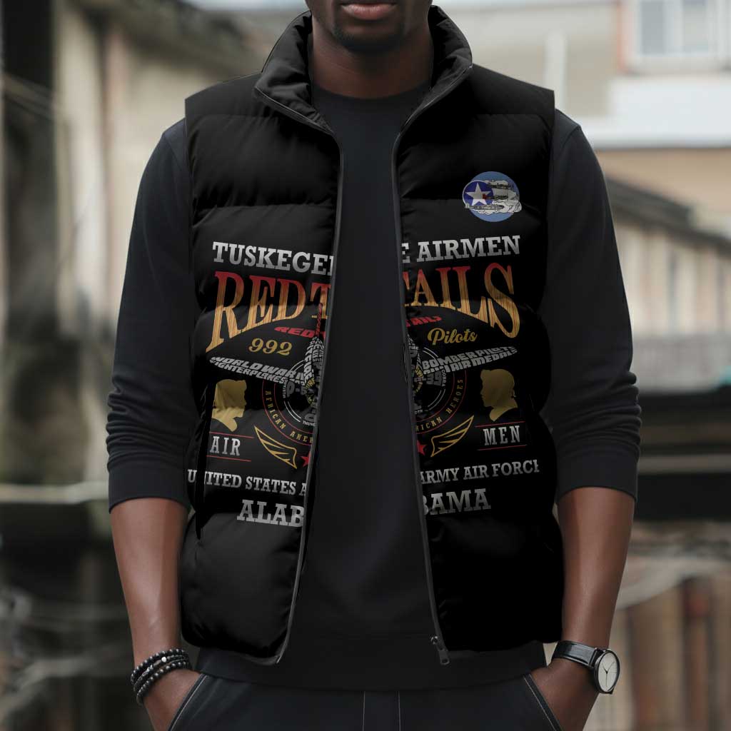 Personalized Red Tails Legacy Sleeveless Puffer Jacket Tuskegee Airmen WWII Heroes - Black Color