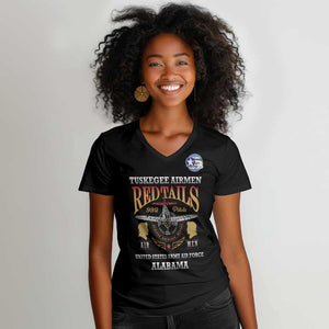 Personalized Red Tails Legacy Women V-Neck T-Shirt WWII Legacy Tribute - Black Color - African Pride