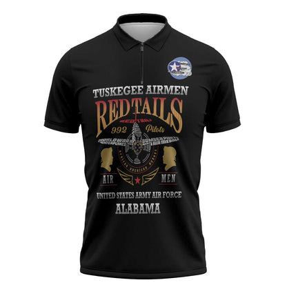 Personalized Red Tails Legacy Zipper Polo Shirt Tuskegee Airmen WWII Heroes - Black Color
