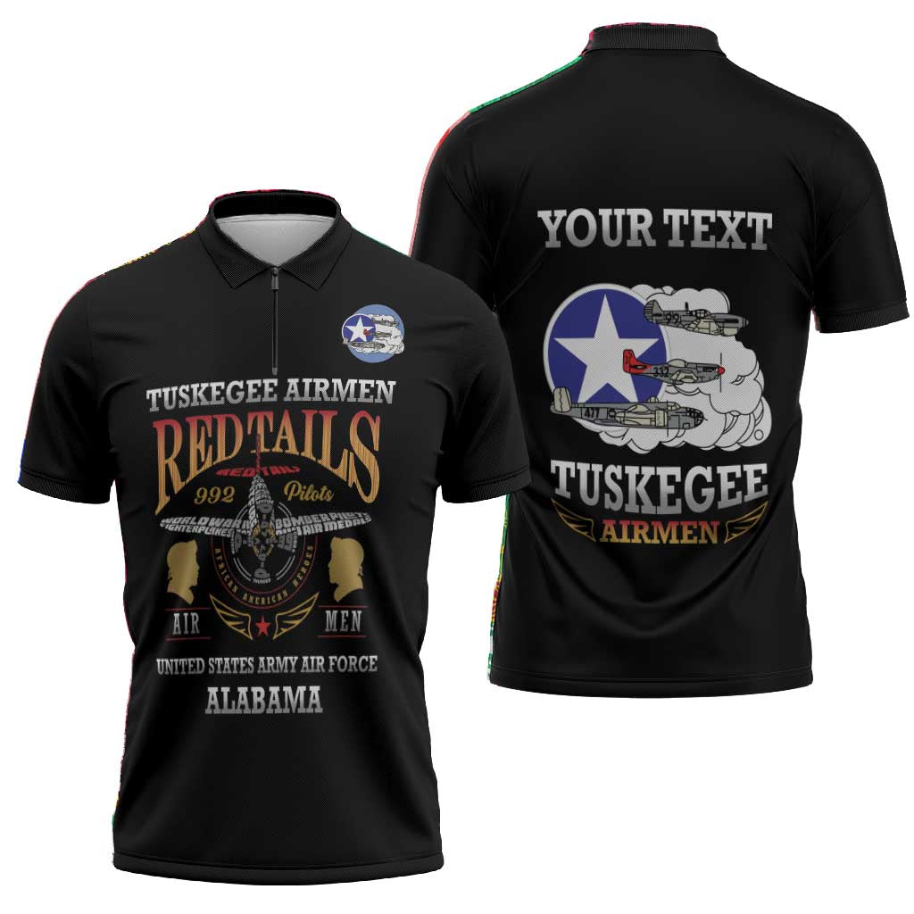 Personalized Red Tails Legacy Zipper Polo Shirt Tuskegee Airmen WWII Heroes - Black Color