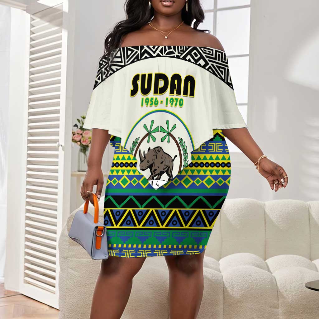 Personalized Sudan Off Shoulder Short Dress Coat Of Arms 1956-1970 With African Pattern - African Pride