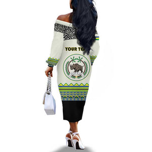 Personalized Sudan Off The Shoulder Long Sleeve Dress Coat Of Arms 1956-1970 With African Pattern - African Pride