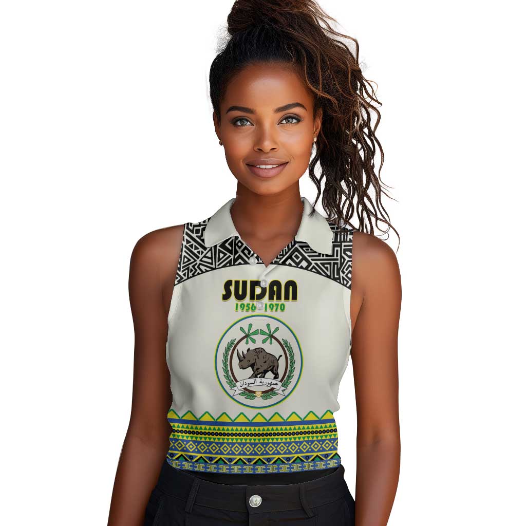 Personalized Sudan Women Sleeveless Polo Shirt Coat Of Arms 1956-1970 With African Pattern - African Pride