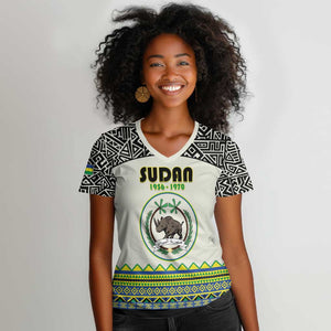 Personalized Sudan Women V-Neck T-Shirt Coat Of Arms 1956-1970 With African Pattern - African Pride