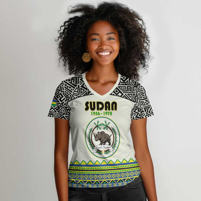 Personalized Sudan Women V-Neck T-Shirt Coat Of Arms 1956-1970 With African Pattern - African Pride