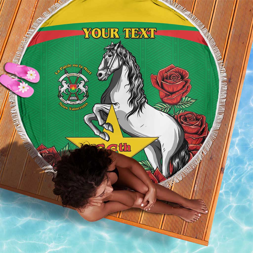 Personalized Burkina Faso Beach Blanket White Stallion With Red Rose - Republic Day