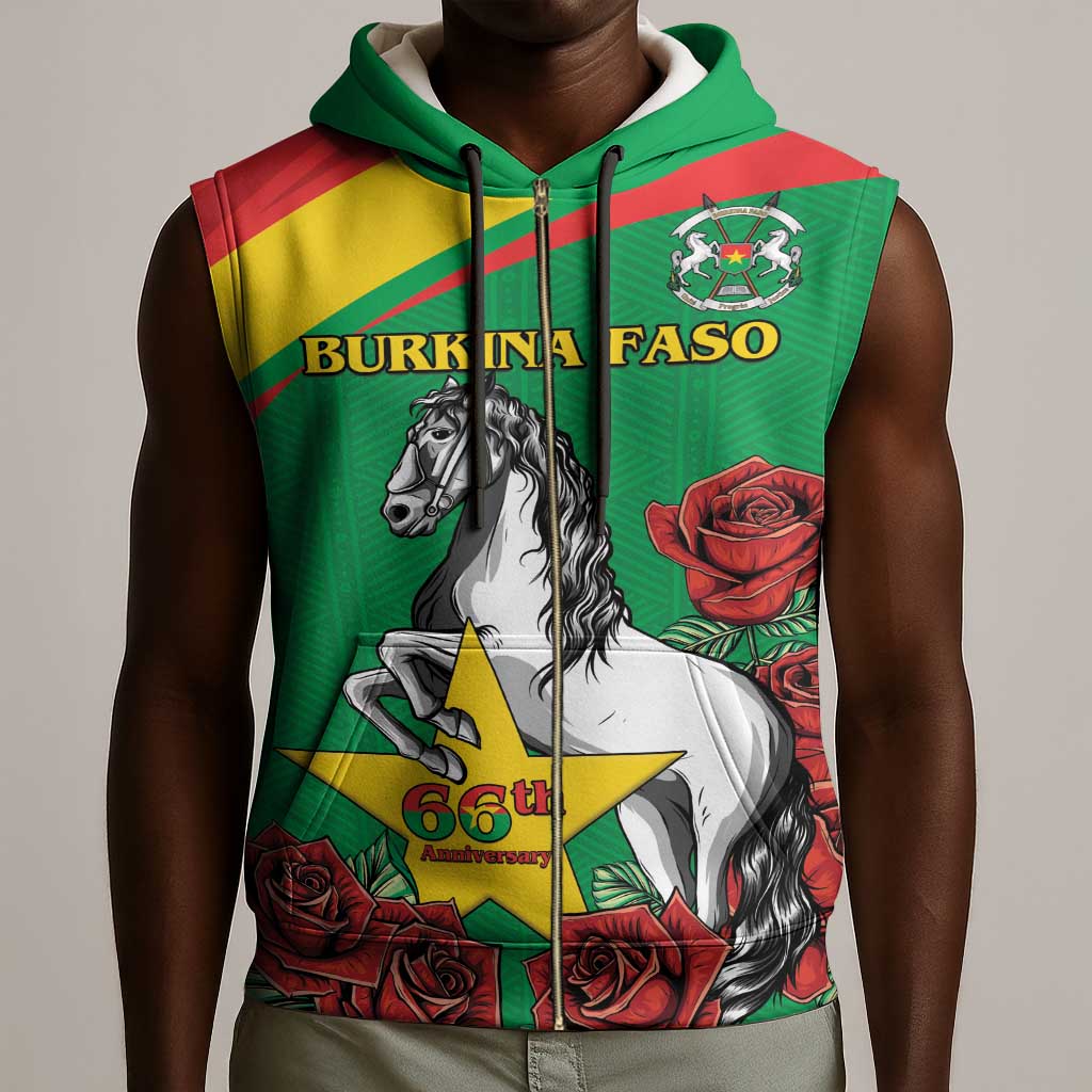 Personalized Burkina Faso Sleeveless Zip Hoodie White Stallion With Red Rose - Republic Day - African Pride