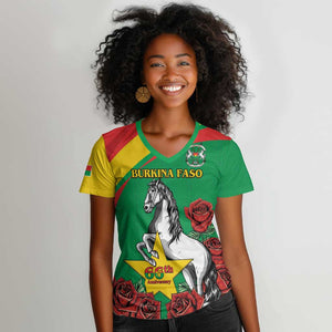 Personalized Burkina Faso Women V-Neck T-Shirt White Stallion With Red Rose - Republic Day