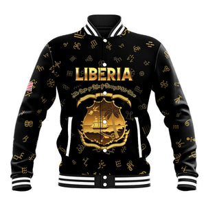 Personalized Liberia National Emblem Golden Baseball Jacket Vai Syllabary Heritage - African Pride