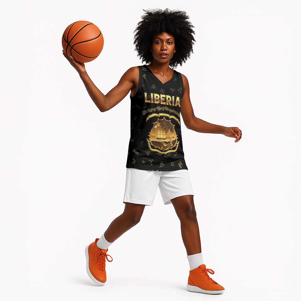 Personalized Liberia National Emblem Golden Basketball Jersey Vai Syllabary Heritage - African Pride