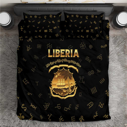Liberia National Emblem Golden Bedding Set Vai Syllabary Heritage - African Pride