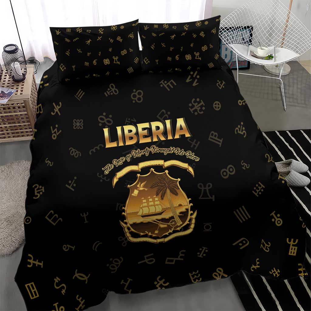 Liberia National Emblem Golden Bedding Set Vai Syllabary Heritage - African Pride