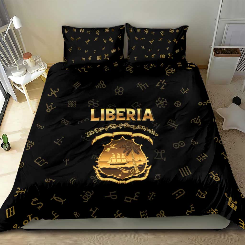 Liberia National Emblem Golden Bedding Set Vai Syllabary Heritage - African Pride