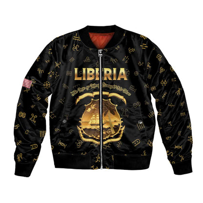 Personalized Liberia National Emblem Golden Bomber Jacket Vai Syllabary Heritage - African Pride
