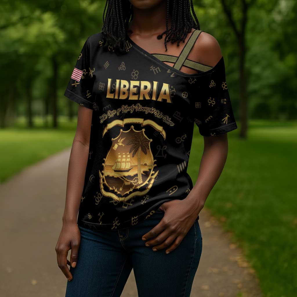 Personalized Liberia Vai Syllabary Heritage Cross Shoulder Shirt National Emblem Golden Style