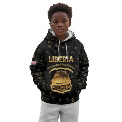 Personalized Liberia National Emblem Golden Kid Hoodie Vai Syllabary Heritage - African Pride