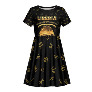 Personalized Liberia National Emblem Golden Kid Short Sleeve Dress Vai Syllabary Heritage - African Pride