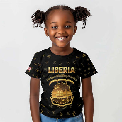 Personalized Liberia National Emblem Golden Kid T shirt Vai Syllabary Heritage - African Pride