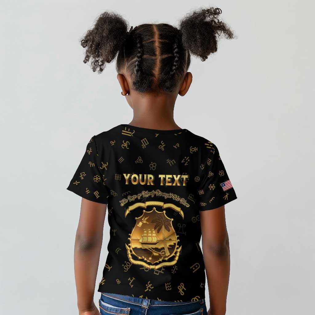 Personalized Liberia National Emblem Golden Kid T shirt Vai Syllabary Heritage - African Pride
