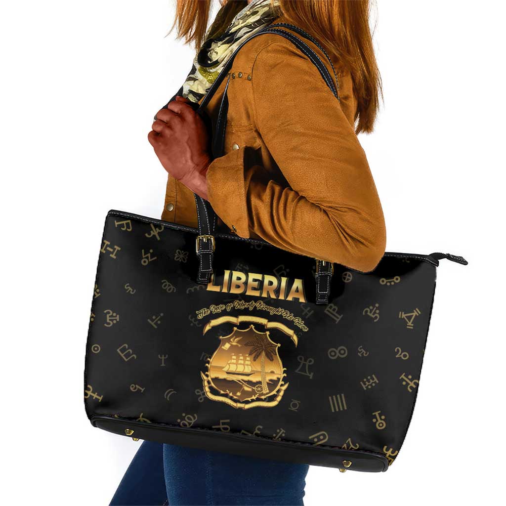 Liberia National Emblem Golden Leather Tote Bag Vai Syllabary Heritage - African Pride