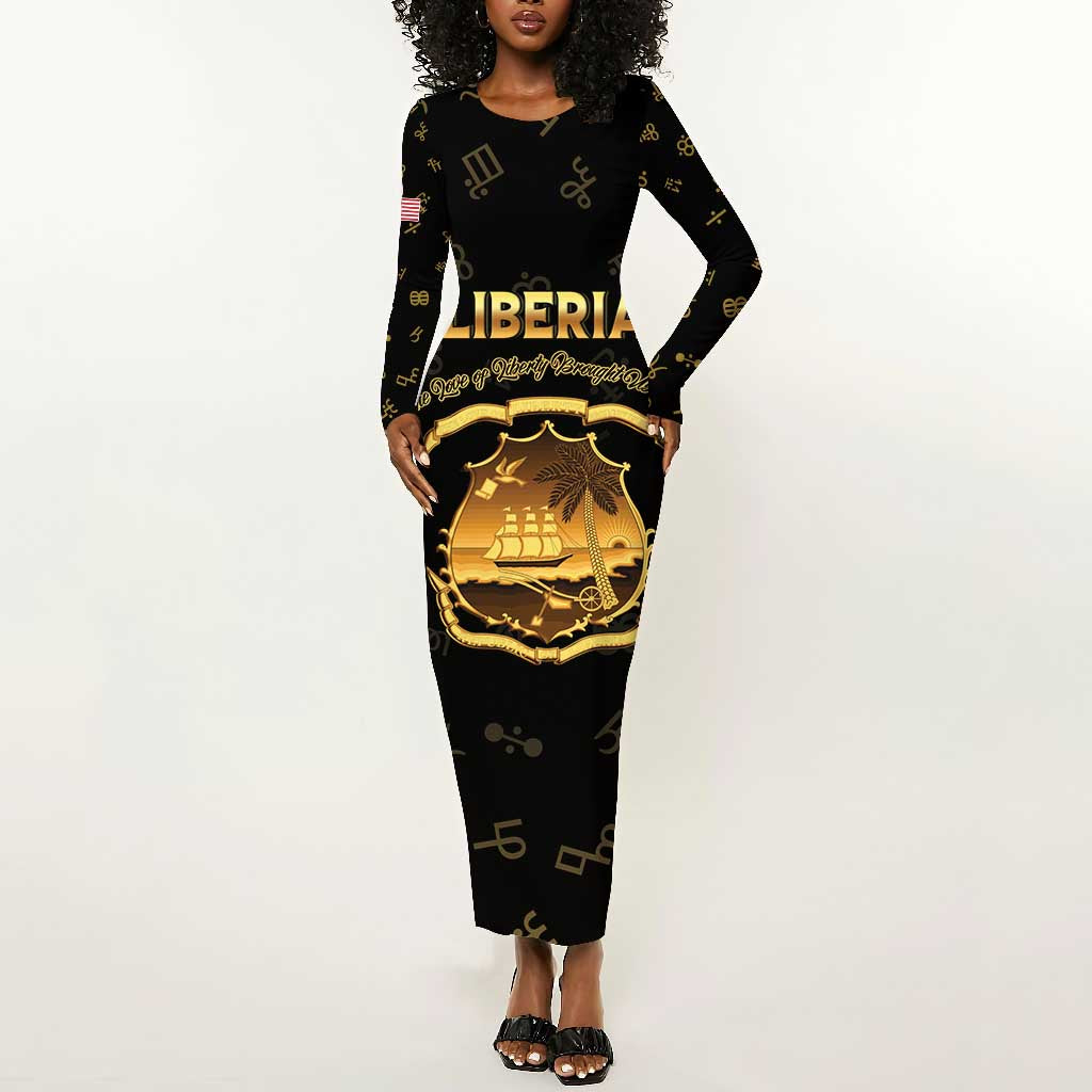 Personalized Liberia National Emblem Golden Long Sleeve Bodycon Dress Vai Syllabary Heritage - African Pride