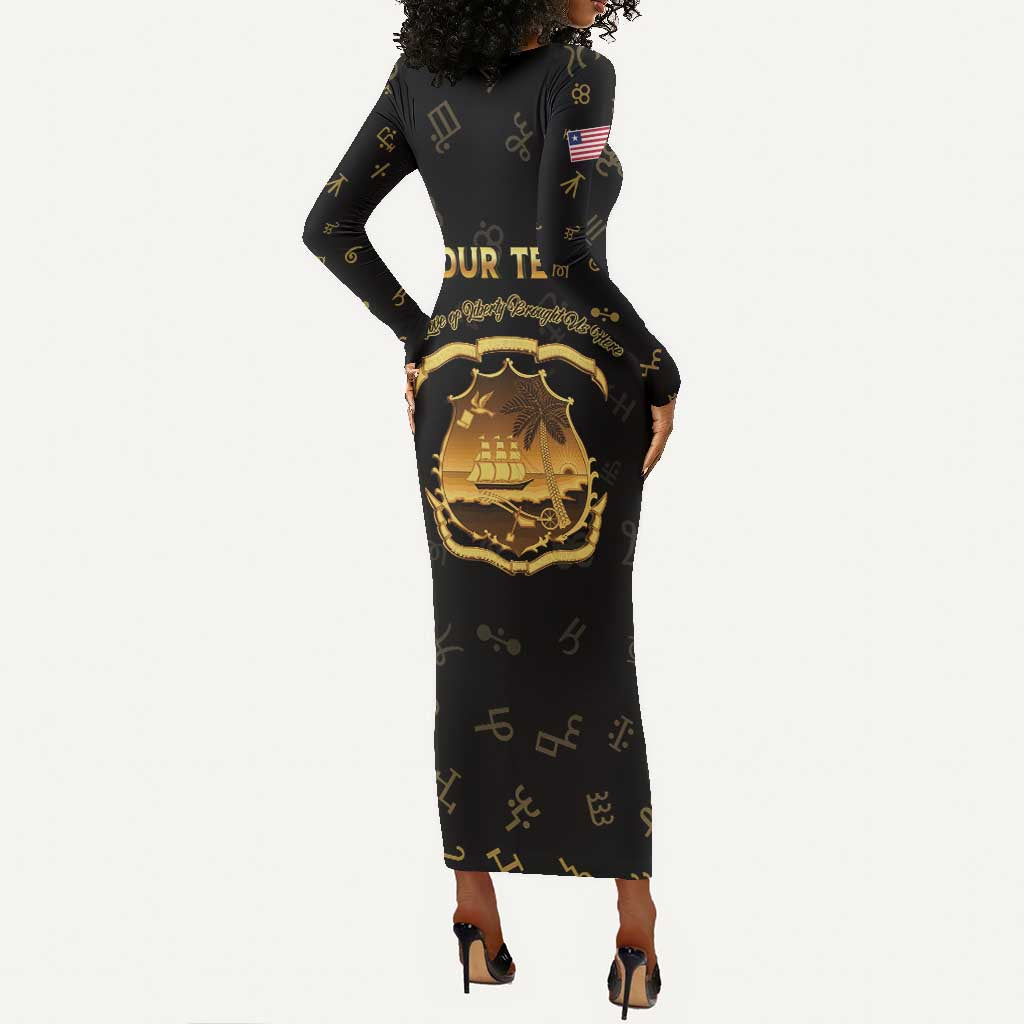 Personalized Liberia National Emblem Golden Long Sleeve Bodycon Dress Vai Syllabary Heritage - African Pride