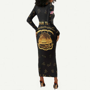 Personalized Liberia National Emblem Golden Long Sleeve Bodycon Dress Vai Syllabary Heritage - African Pride