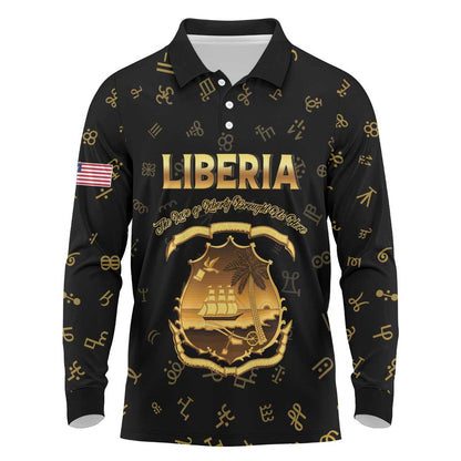 Personalized Liberia National Emblem Golden Long Sleeve Polo Shirt Vai Syllabary Heritage - African Pride