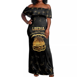 Personalized Liberia National Emblem Golden Off Shoulder Maxi Dress Vai Syllabary Heritage - African Pride