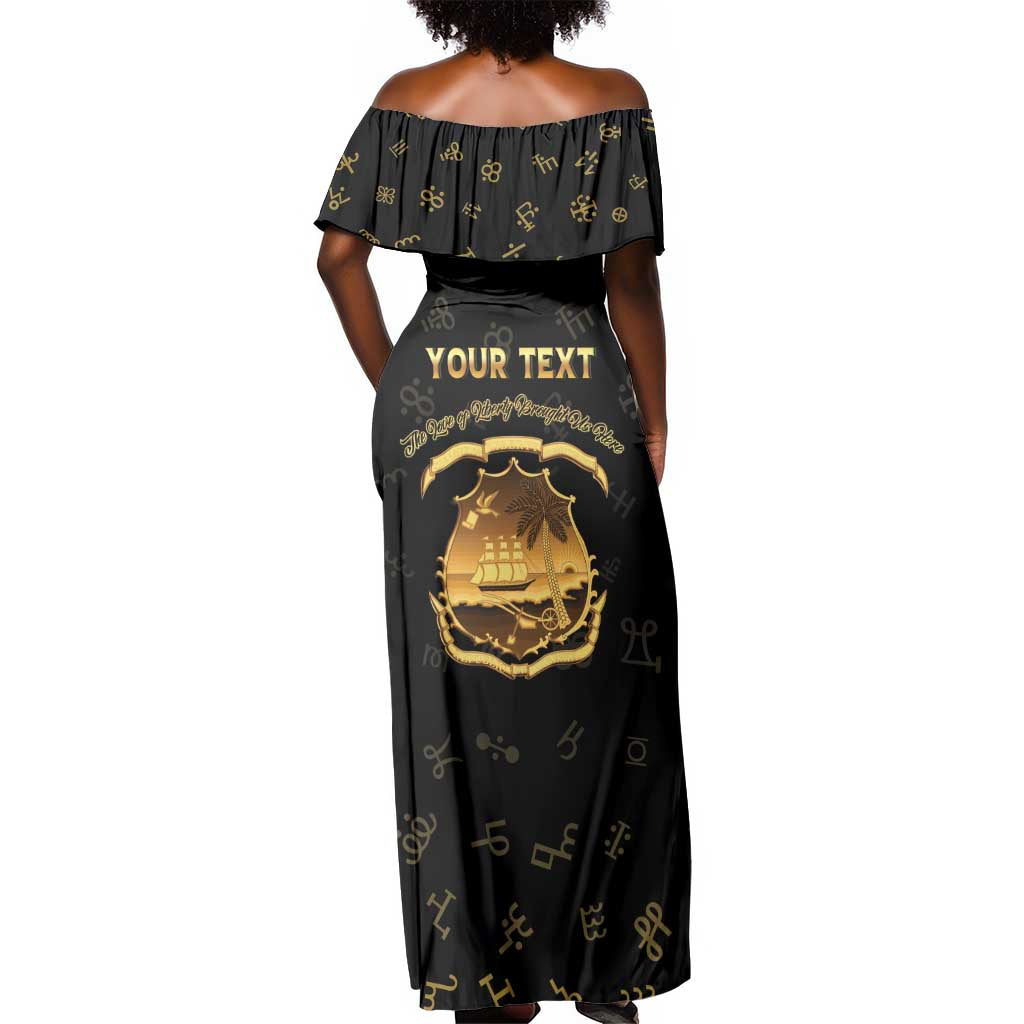 Personalized Liberia National Emblem Golden Off Shoulder Maxi Dress Vai Syllabary Heritage - African Pride