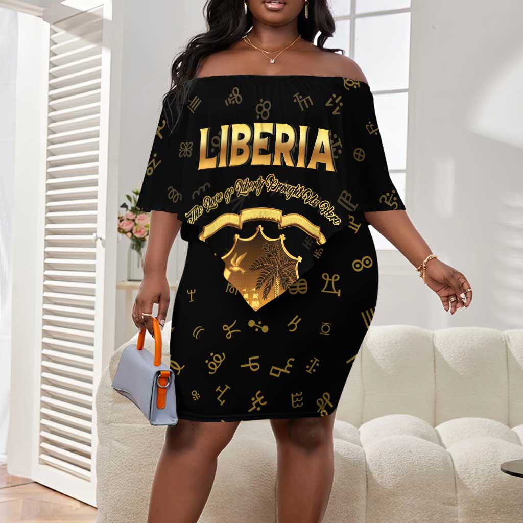Personalized Liberia National Emblem Golden Off Shoulder Short Dress Vai Syllabary Heritage - African Pride