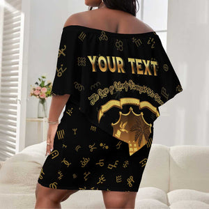 Personalized Liberia National Emblem Golden Off Shoulder Short Dress Vai Syllabary Heritage - African Pride