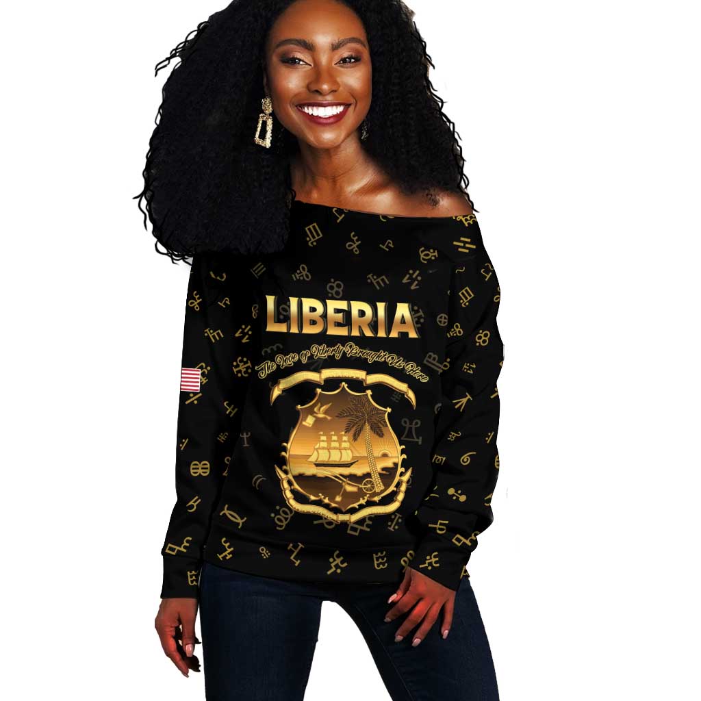 Personalized Liberia National Emblem Golden Off Shoulder Sweater Vai Syllabary Heritage - African Pride