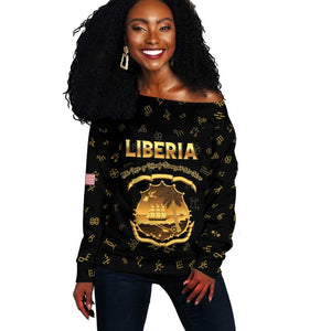 Personalized Liberia National Emblem Golden Off Shoulder Sweater Vai Syllabary Heritage - African Pride