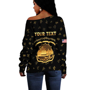 Personalized Liberia National Emblem Golden Off Shoulder Sweater Vai Syllabary Heritage - African Pride