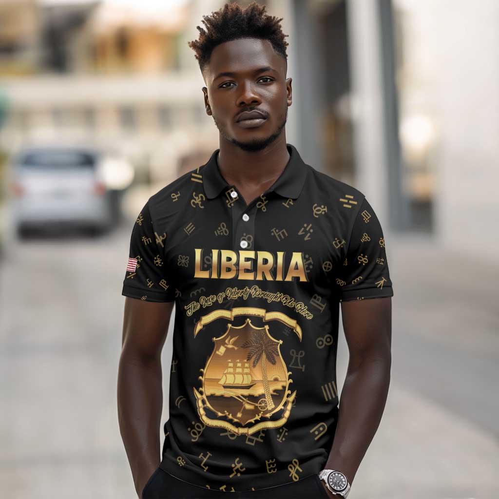 Personalized Liberia National Emblem Golden Polo Shirt Vai Syllabary Heritage - African Pride