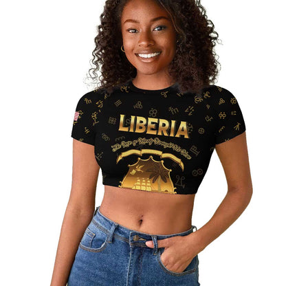 Personalized Liberia National Emblem Golden Raglan Cropped T shirt Vai Syllabary Heritage - African Pride