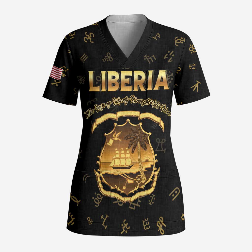 Personalized Liberia National Emblem Golden Scrub Top Vai Syllabary Heritage - African Pride