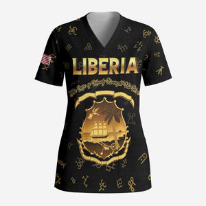 Personalized Liberia National Emblem Golden Scrub Top Vai Syllabary Heritage - African Pride