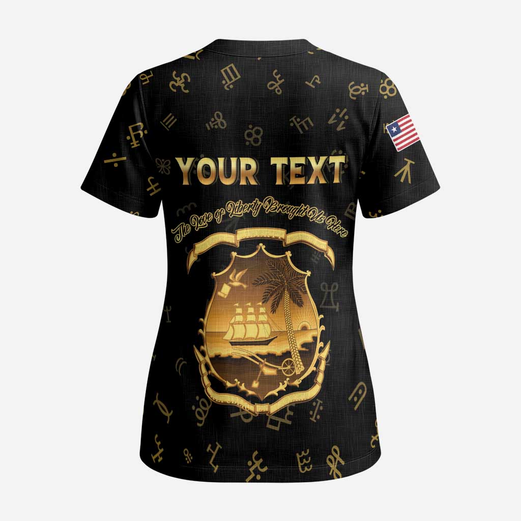 Personalized Liberia National Emblem Golden Scrub Top Vai Syllabary Heritage - African Pride