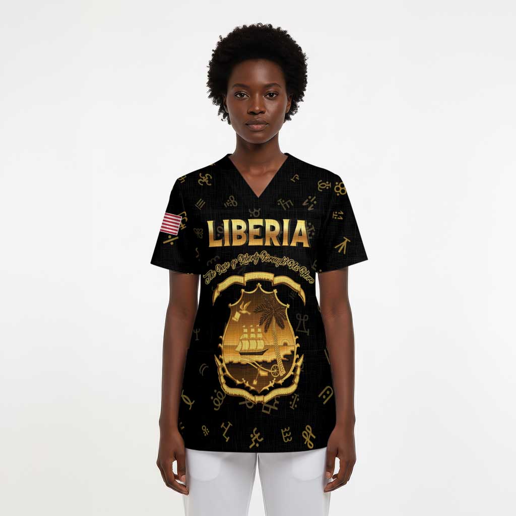 Personalized Liberia National Emblem Golden Scrub Top Vai Syllabary Heritage - African Pride
