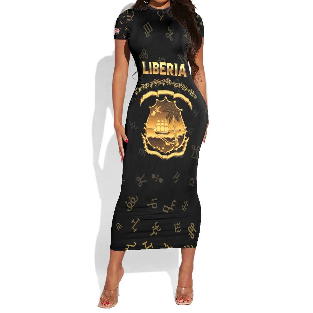 Personalized Liberia National Emblem Golden Short Sleeve Bodycon Dress Vai Syllabary Heritage - African Pride