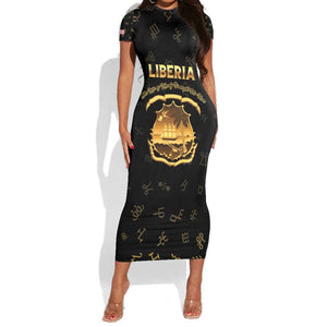 Personalized Liberia National Emblem Golden Short Sleeve Bodycon Dress Vai Syllabary Heritage - African Pride